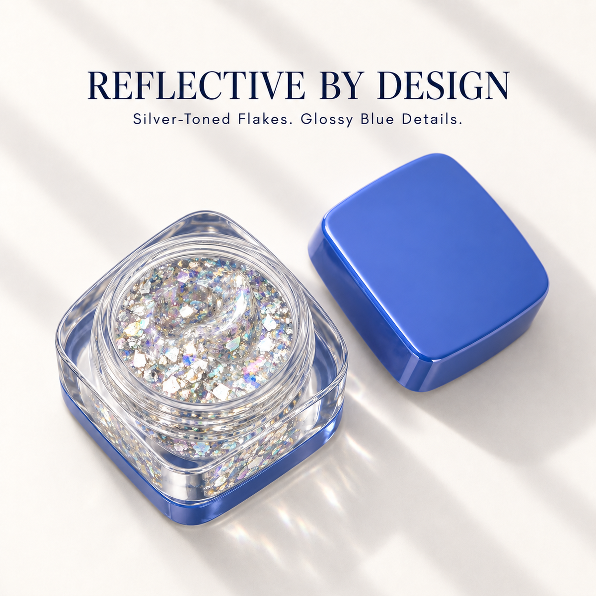 Rideinpocket Iridescent Silver Glitter Makeup Gel Pot – Multicolor Reflective Flakes in a Cobalt Blue Jar