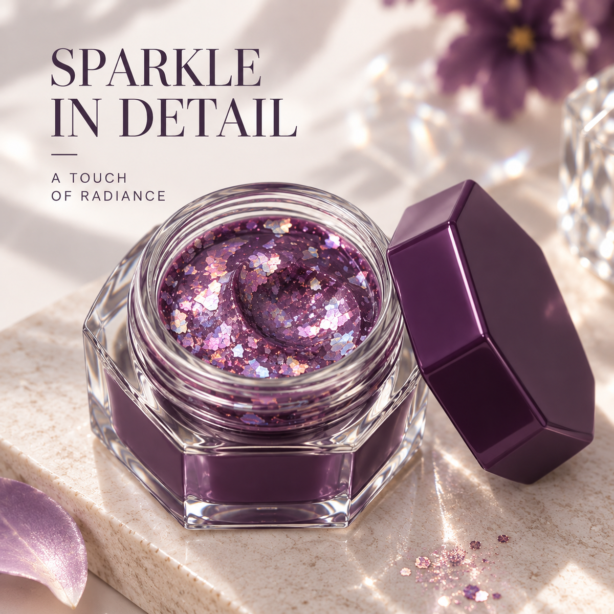 Rideinpocket Deep Plum Iridescent Glitter Pot – Multicolor Reflective Flakes in a Clear Faceted Jar