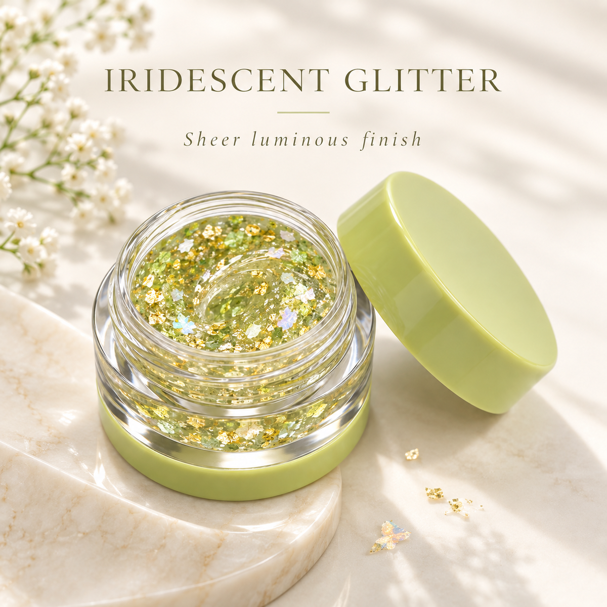 Rideinpocket Lime Green Iridescent Glitter Makeup Gel Pot – Champagne-Tone Reflective Flakes in a Clear Jar