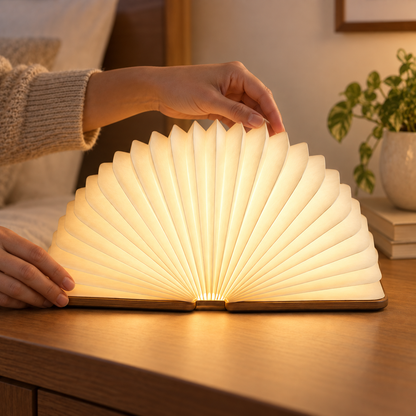 Foldable Fan Lamp with Wooden Base – Decorative Ambient Light with a Modern Book-Inspired Design