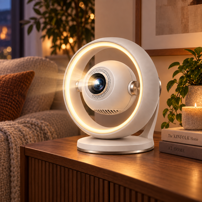 Modern Mini Projector with Ring Light – Compact Home Theater Projector with Decorative Ambient Lighting