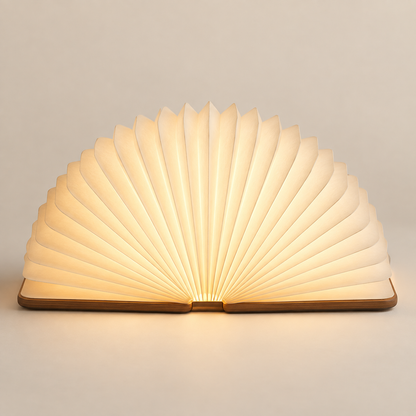 Foldable Fan Lamp with Wooden Base – Decorative Ambient Light with a Modern Book-Inspired Design