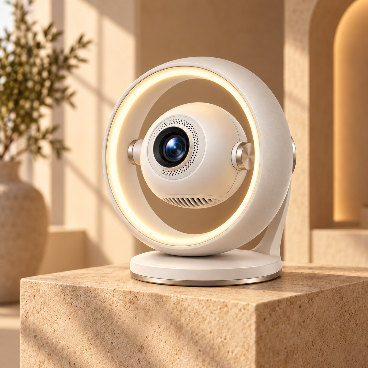 Modern Mini Projector with Ring Light – Compact Home Theater Projector with Decorative Ambient Lighting
