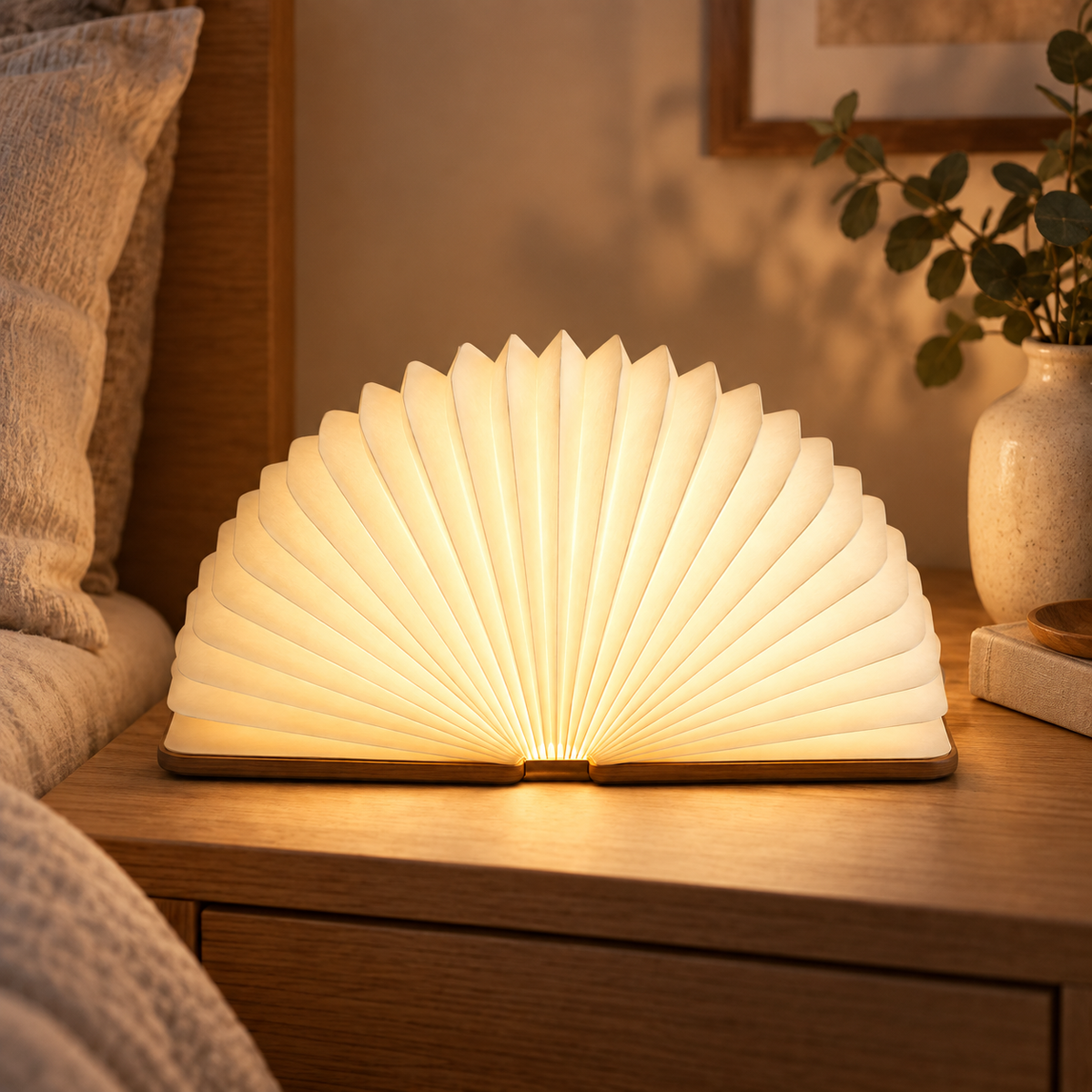 Foldable Fan Lamp with Wooden Base – Decorative Ambient Light with a Modern Book-Inspired Design
