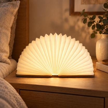 Foldable Fan Lamp with Wooden Base – Decorative Ambient Light with a Modern Book-Inspired Design