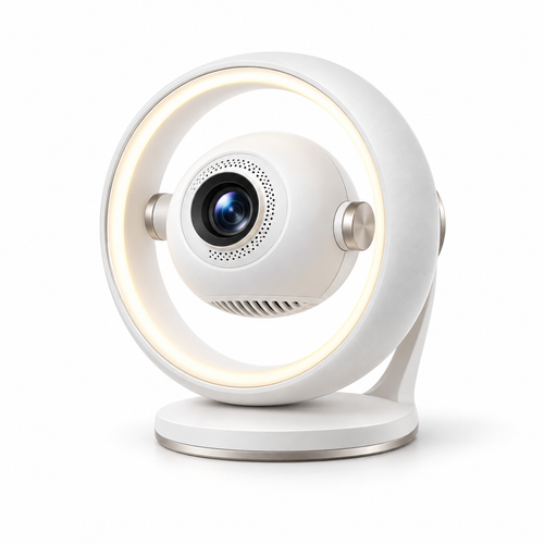 Modern Mini Projector with Ring Light – Compact Home Theater Projector with Decorative Ambient Lighting