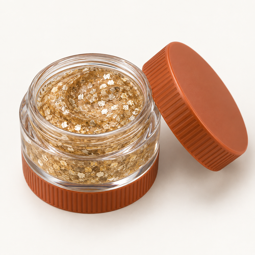 Rideinpocket Gold-Tone Glitter Makeup Gel Pot – Reflective Gold Flakes in a Clear Jar