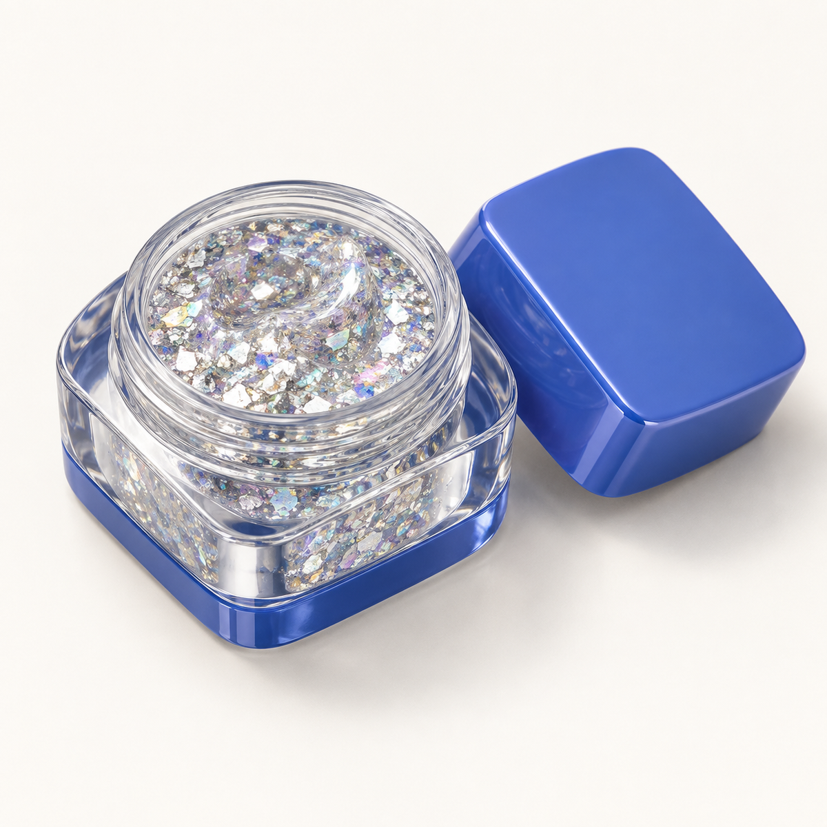 Rideinpocket Iridescent Silver Glitter Makeup Gel Pot – Multicolor Reflective Flakes in a Cobalt Blue Jar