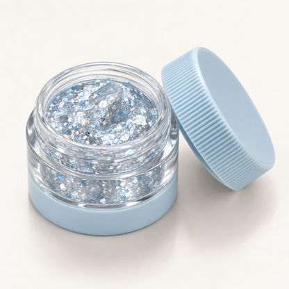 Rideinpocket Icy Blue and Silver Glitter Makeup Gel Pot – Reflective Crystal-Inspired Flakes in a Clear Jar