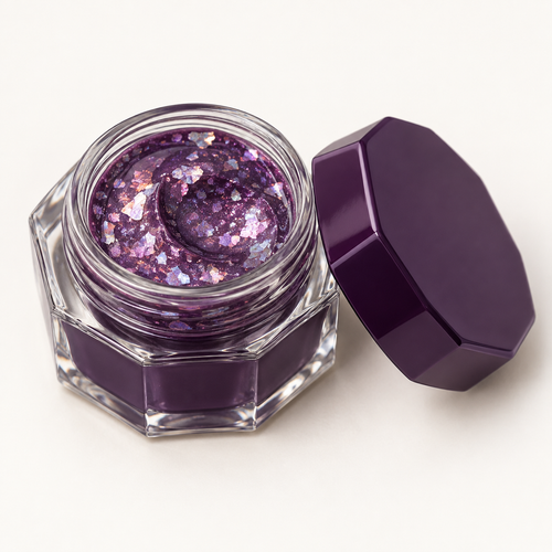 Rideinpocket Deep Plum Iridescent Glitter Pot – Multicolor Reflective Flakes in a Clear Faceted Jar