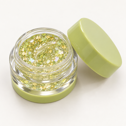Rideinpocket Lime Green Iridescent Glitter Makeup Gel Pot – Champagne-Tone Reflective Flakes in a Clear Jar