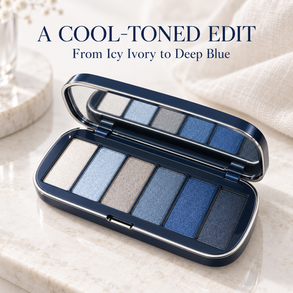 Rideinpocket 6-Shade Cool-Toned Blue Shimmer Eyeshadow Palette – Pearl White, Icy Blue and Midnight Navy