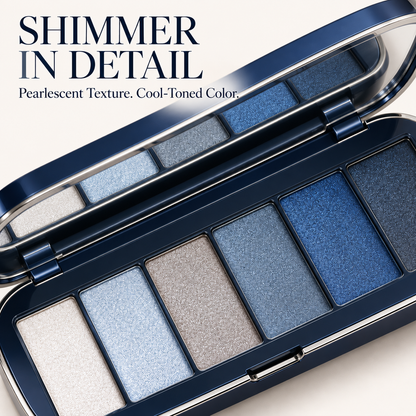 Rideinpocket 6-Shade Cool-Toned Blue Shimmer Eyeshadow Palette – Pearl White, Icy Blue and Midnight Navy