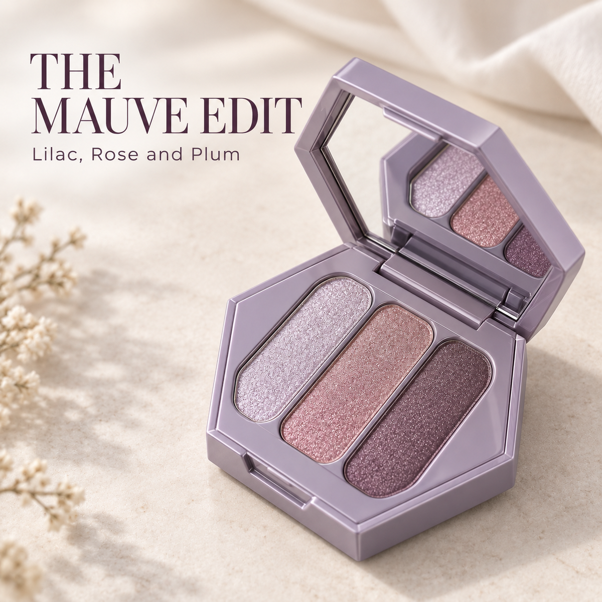 Rideinpocket 3-Shade Lilac and Mauve Shimmer Eyeshadow Palette – Soft Lavender, Rose and Plum Tones