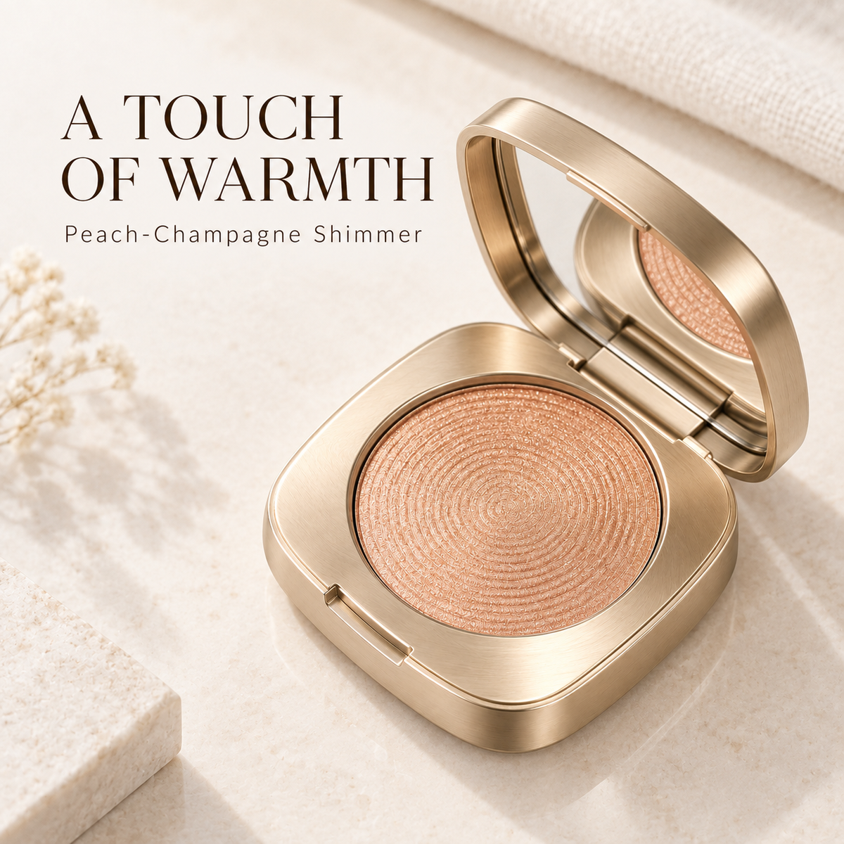 Rideinpocket Champagne Peach Shimmer Single Eyeshadow – Luminous Pearlescent Shade in an Elegant Gold-Tone Compact
