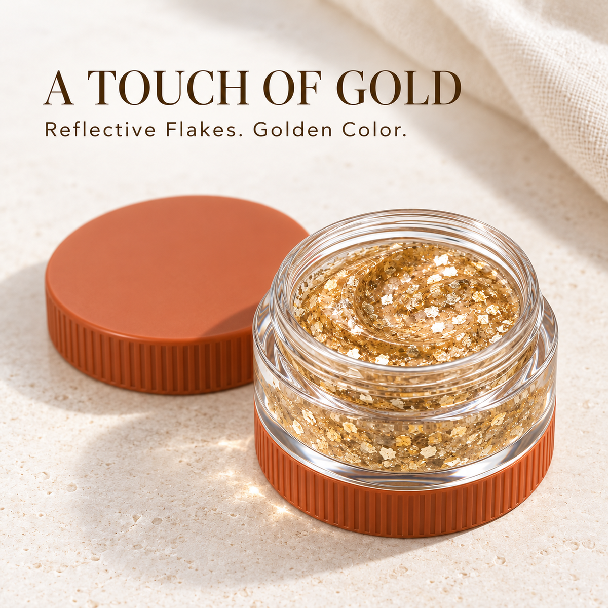 Rideinpocket Gold-Tone Glitter Makeup Gel Pot – Reflective Gold Flakes in a Clear Jar