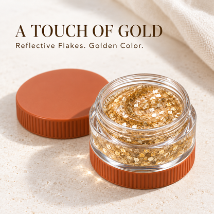 Rideinpocket Gold-Tone Glitter Makeup Gel Pot – Reflective Gold Flakes in a Clear Jar