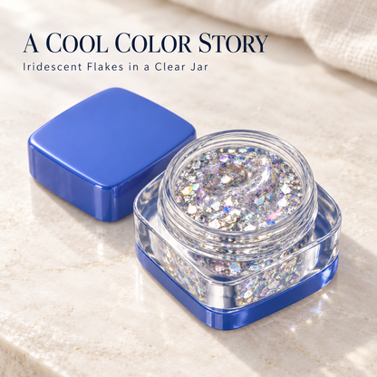 Rideinpocket Iridescent Silver Glitter Makeup Gel Pot – Multicolor Reflective Flakes in a Cobalt Blue Jar