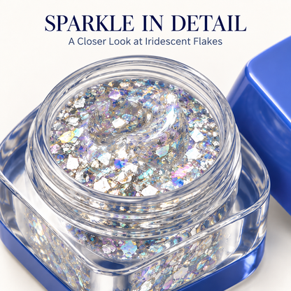 Rideinpocket Iridescent Silver Glitter Makeup Gel Pot – Multicolor Reflective Flakes in a Cobalt Blue Jar
