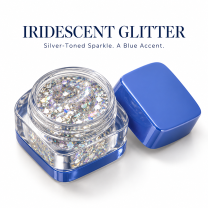 Rideinpocket Iridescent Silver Glitter Makeup Gel Pot – Multicolor Reflective Flakes in a Cobalt Blue Jar