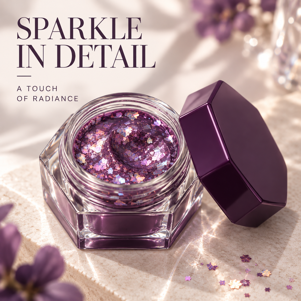 Rideinpocket Deep Plum Iridescent Glitter Pot – Multicolor Reflective Flakes in a Clear Faceted Jar