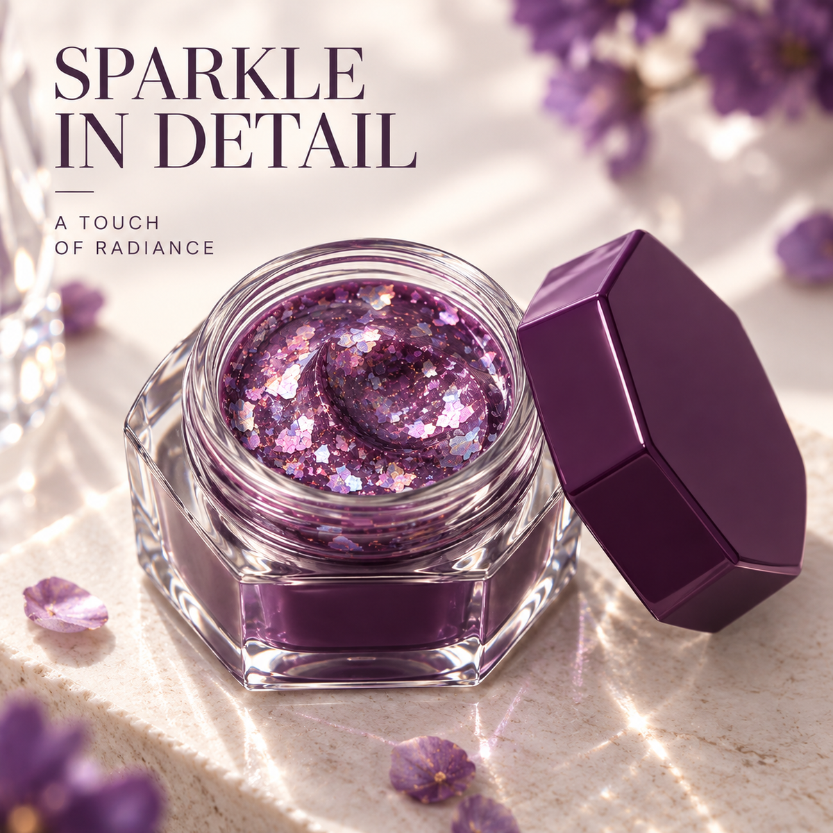 Rideinpocket Deep Plum Iridescent Glitter Pot – Multicolor Reflective Flakes in a Clear Faceted Jar