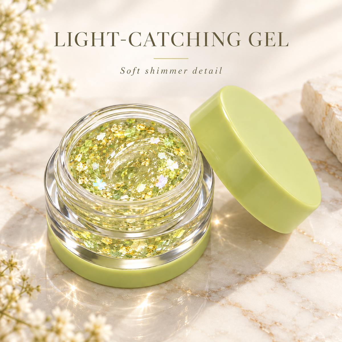 Rideinpocket Lime Green Iridescent Glitter Makeup Gel Pot – Champagne-Tone Reflective Flakes in a Clear Jar