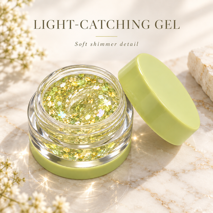 Rideinpocket Lime Green Iridescent Glitter Makeup Gel Pot – Champagne-Tone Reflective Flakes in a Clear Jar
