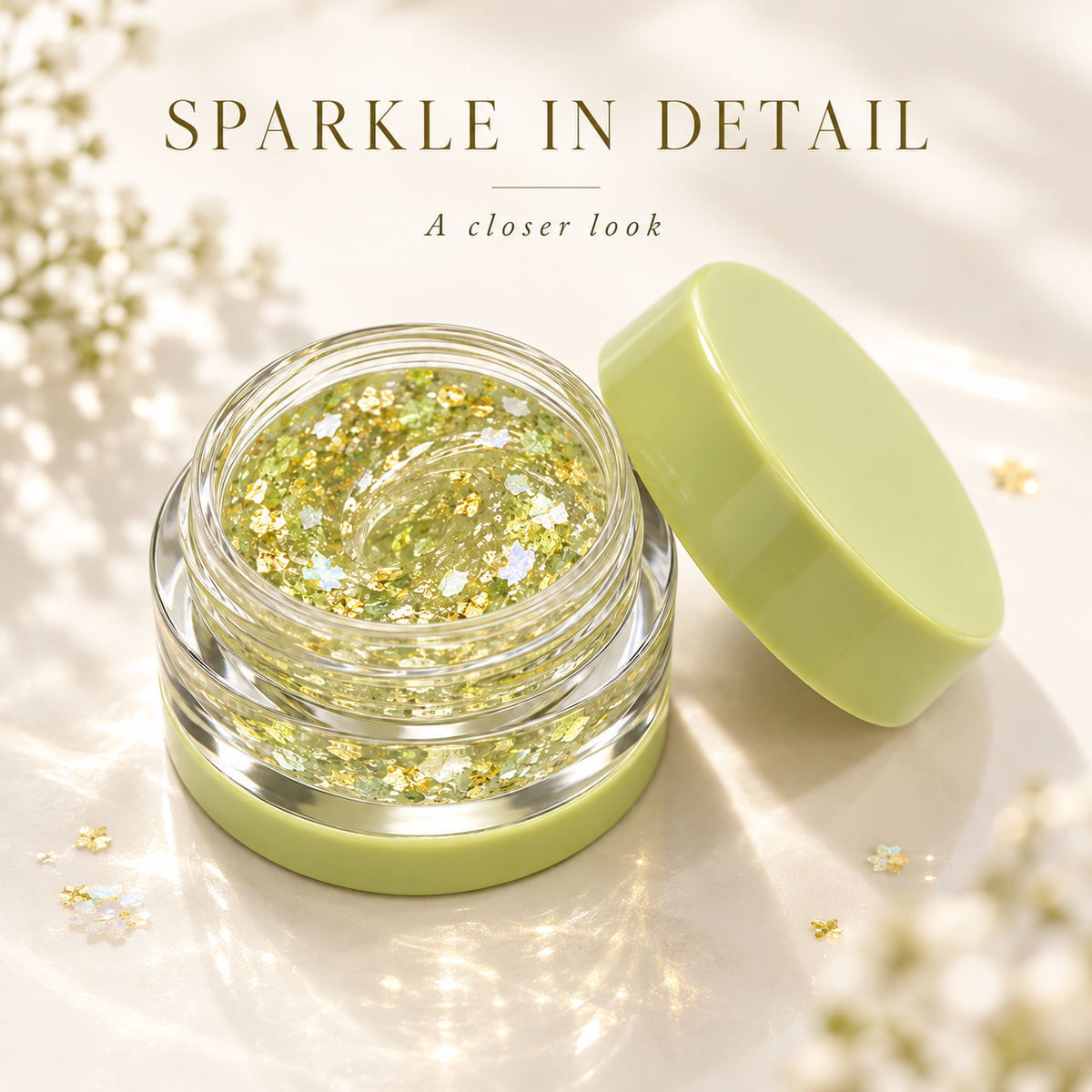 Rideinpocket Lime Green Iridescent Glitter Makeup Gel Pot – Champagne-Tone Reflective Flakes in a Clear Jar