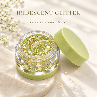 Rideinpocket Lime Green Iridescent Glitter Makeup Gel Pot – Champagne-Tone Reflective Flakes in a Clear Jar