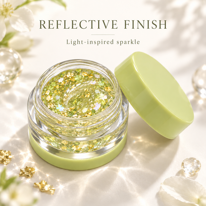 Rideinpocket Lime Green Iridescent Glitter Makeup Gel Pot – Champagne-Tone Reflective Flakes in a Clear Jar