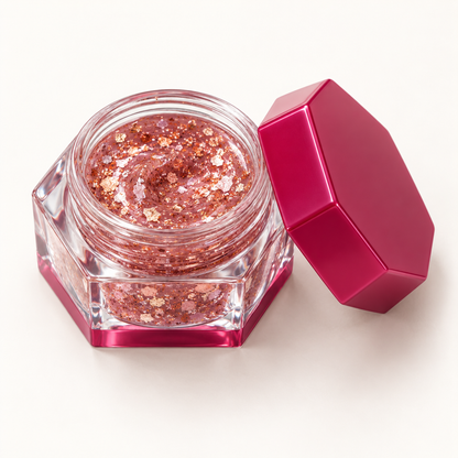 Rideinpocket Rose Gold and Pink Glitter Makeup Gel Pot – Reflective Flakes in a Fuchsia Compact Jar
