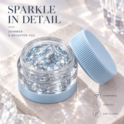 Rideinpocket Icy Blue and Silver Glitter Makeup Gel Pot – Reflective Crystal-Inspired Flakes in a Clear Jar