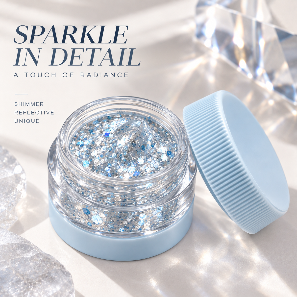 Rideinpocket Icy Blue and Silver Glitter Makeup Gel Pot – Reflective Crystal-Inspired Flakes in a Clear Jar