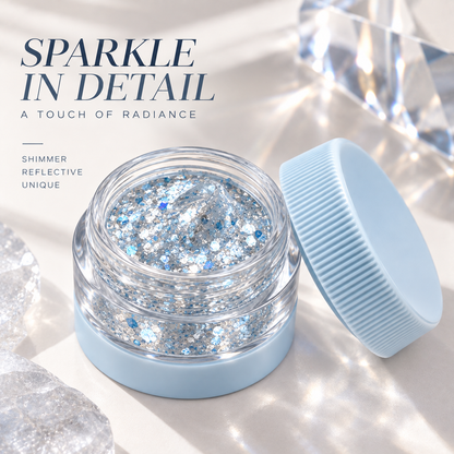 Rideinpocket Icy Blue and Silver Glitter Makeup Gel Pot – Reflective Crystal-Inspired Flakes in a Clear Jar