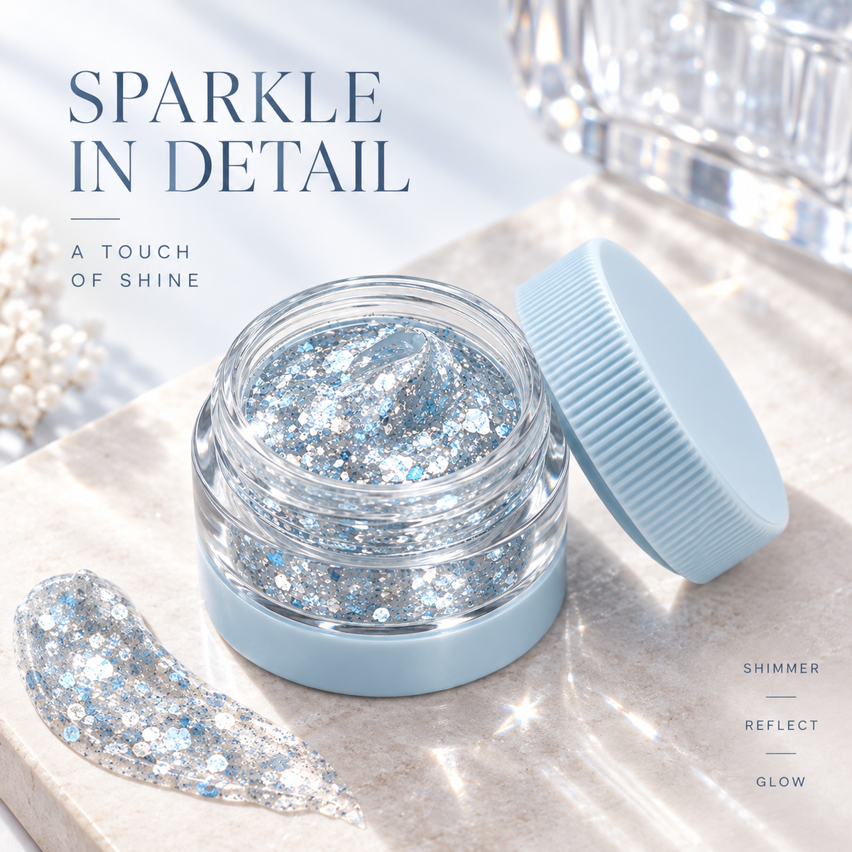 Rideinpocket Icy Blue and Silver Glitter Makeup Gel Pot – Reflective Crystal-Inspired Flakes in a Clear Jar