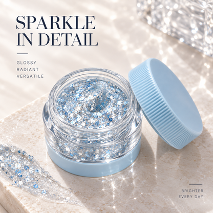 Rideinpocket Icy Blue and Silver Glitter Makeup Gel Pot – Reflective Crystal-Inspired Flakes in a Clear Jar