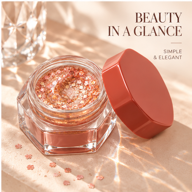 Rideinpocket Peach Rose Glitter Pot – Champagne and Rose-Gold-Tone Reflective Flakes in a Clear Jar