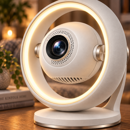 Modern Mini Projector with Ring Light – Compact Home Theater Projector with Decorative Ambient Lighting
