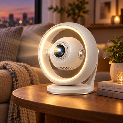 Modern Mini Projector with Ring Light – Compact Home Theater Projector with Decorative Ambient Lighting